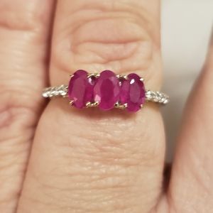 Three-Stone Pink Ruby Ring with Pavé Band